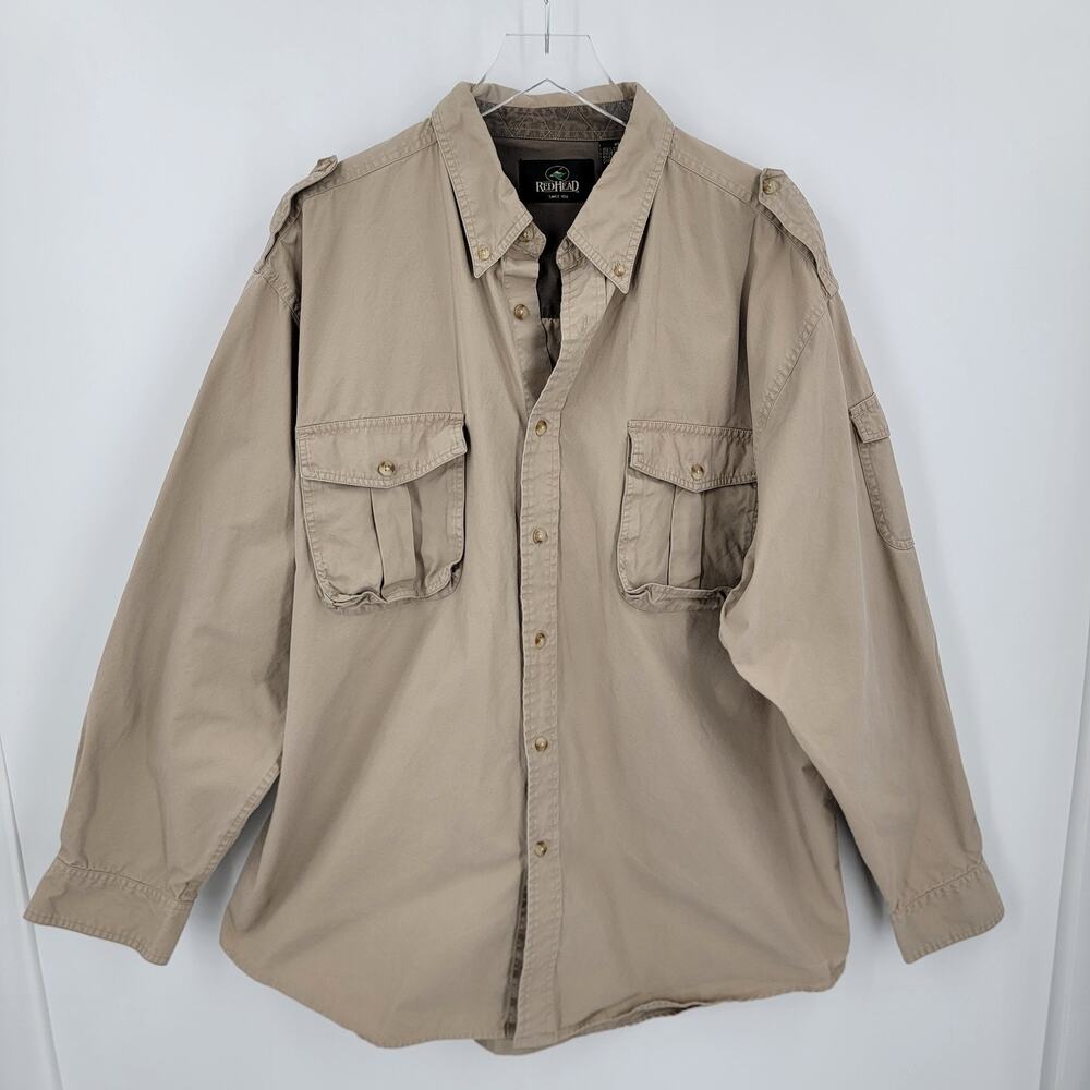 RedHead Shirt Mens XL Tan Khaki Cotton Button Up Pockets Outdoor Safari Camp